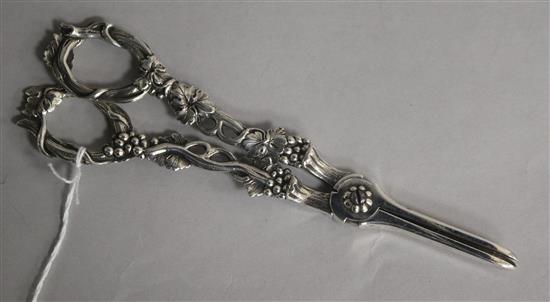 A pair of Victorian silver grape shears, with vineous handles, Francis Higgins II, London, 1871,